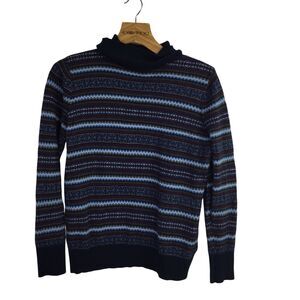 L.L Bean Womens Turtleneck Cotton Cashmere Striped Pullover Sweater Blue Size LP